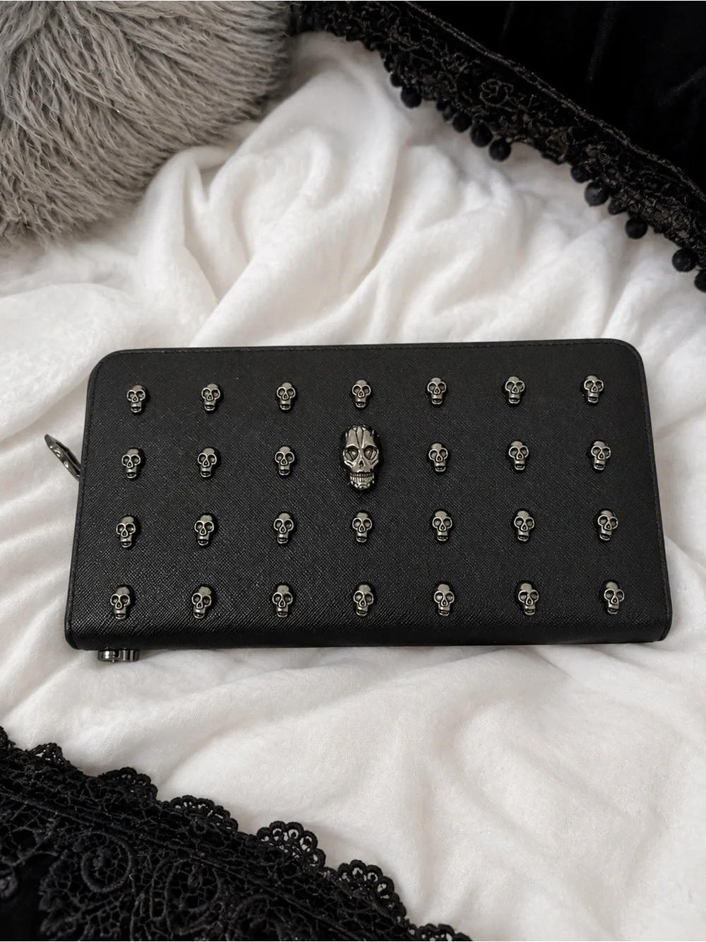 Black Skull-Stud Zip Around Wallet